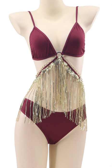 Set lenjerie sexy, top accesorizat cu franjuri stralucitoare si chiloti brazilieni TY-LX145visiniu [2]