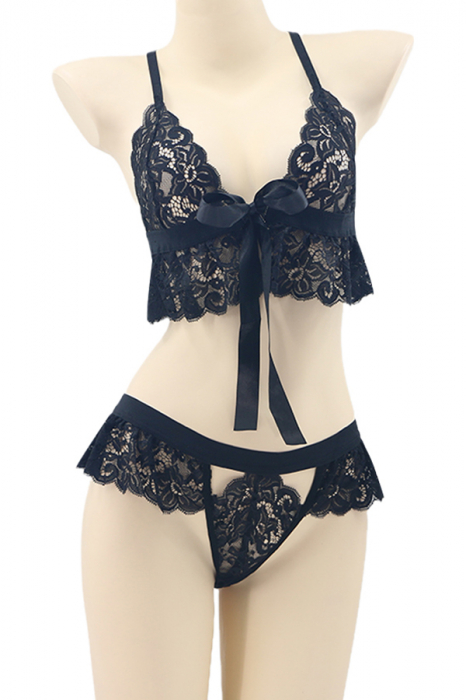Set lenjerie sexy cu dantela, top si chiloti tanga tip fustita TY-LX118negru [2]