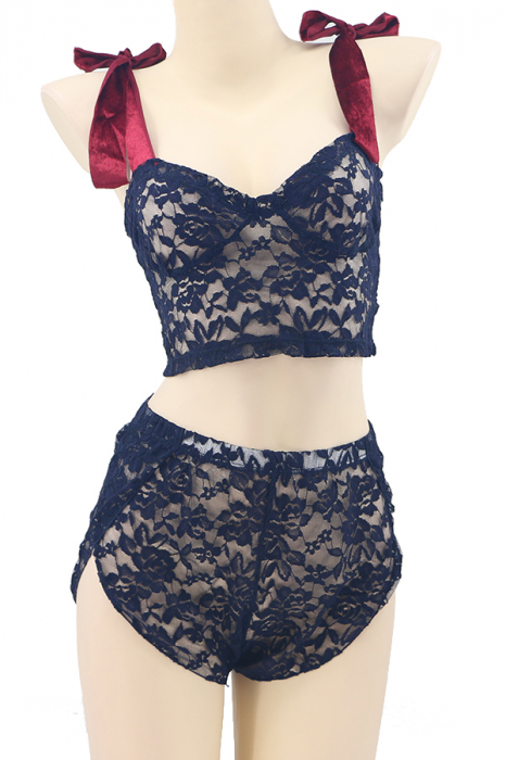 Set lenjerie sexy, top cu bretele din catifea si pantaloni scurti TY-LX87bleumarin [2]