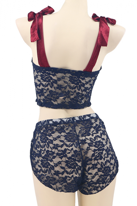 Set lenjerie sexy, top cu bretele din catifea si pantaloni scurti TY-LX87bleumarin [3]