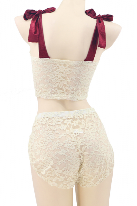 Set lenjerie sexy, top cu bretele din catifea si pantaloni scurti TY-LX87crem [3]