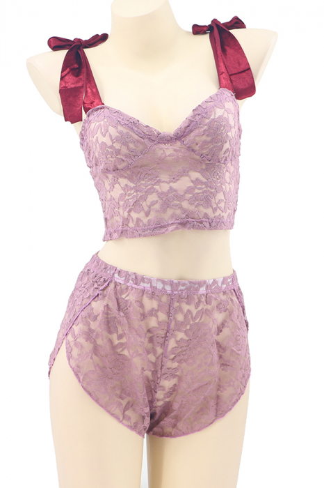 Set lenjerie sexy, top cu bretele din catifea si pantaloni scurti TY-LX87mov [2]