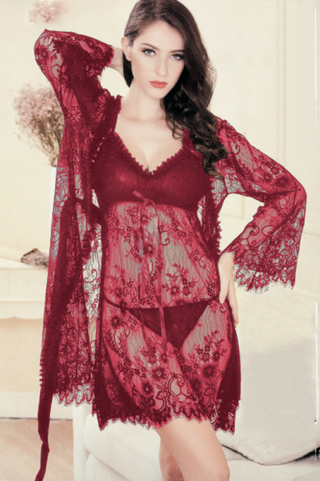 Set lenjerie sexy transparenta cu dantela, halat, rochita si chiloti tanga TY-321visiniu [2]