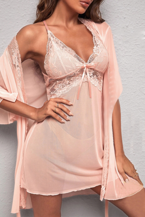 Set lenjerie sexy cu dantela, halat, camasa de noapte si chiloti tanga TY-664roz [2]