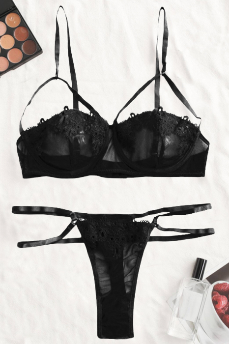 Set lenjerie sexy transparenta, cu dantela, sutien si chiloti tanga TY-LX2negru [3]