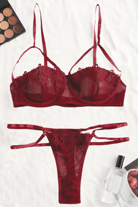 Set lenjerie sexy transparenta, cu dantela, sutien si chiloti tanga TY-LX2visiniu [3]