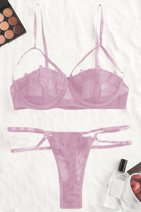 Set lenjerie sexy transparenta, cu dantela, sutien si chiloti tanga TY-LX2roz [3]