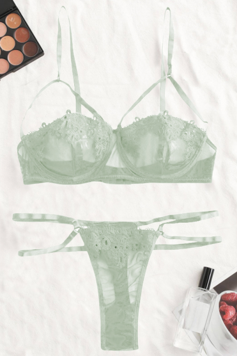 Set lenjerie sexy transparenta, cu dantela, sutien si chiloti tanga TY-LX2verde [3]