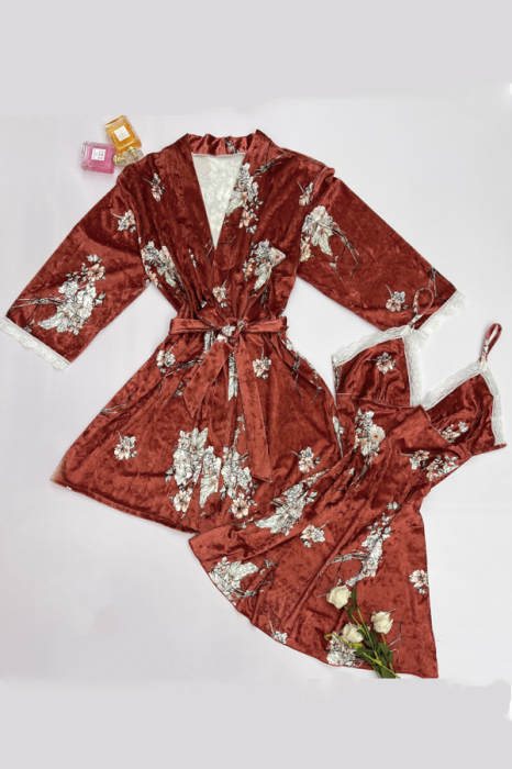 Set pijama 2 piese cu aspect catifelat si insertii dantela, halat si camasa de noapte TY-SR018visiniu [2]
