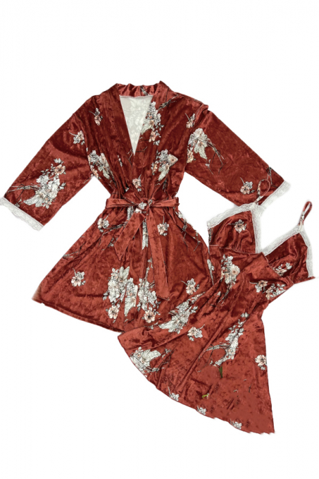 Set pijama 2 piese cu aspect catifelat si insertii dantela, halat si camasa de noapte TY-SR018visiniu [1]