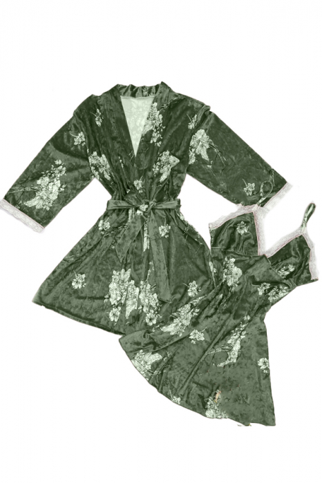 Set pijama 2 piese cu aspect catifelat si insertii dantela, halat si camasa de noapte TY-SR018verde [1]