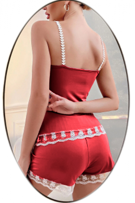 Set pijama 2 piese cu dantela contrastanta, maiou si pantaloni scurti TY-M29rosu [2]