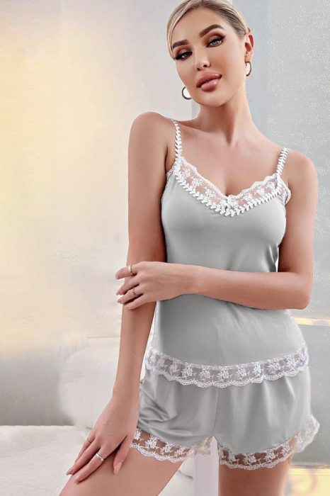 Set pijama 2 piese cu dantela contrastanta, maiou si pantaloni scurti TY-M29gri deschis [3]