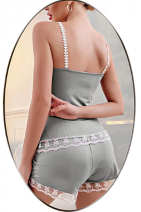 Set pijama 2 piese cu dantela contrastanta, maiou si pantaloni scurti TY-M29gri deschis [2]