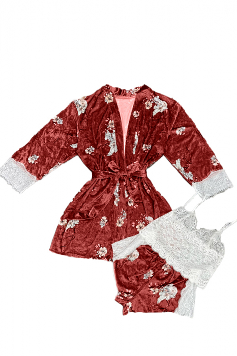 Set pijama 3 piese cu aspect catifelat si insertii dantela, halat, top si pantaloni scurti TY-SR020visiniu [1]