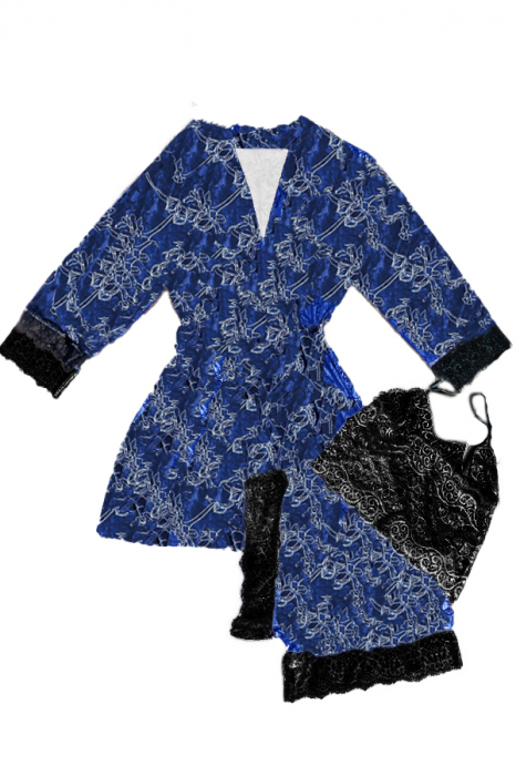 Set pijama 3 piese cu aspect catifelat si insertii dantela, halat, top si pantaloni scurti TY-SR021bleumarin [1]