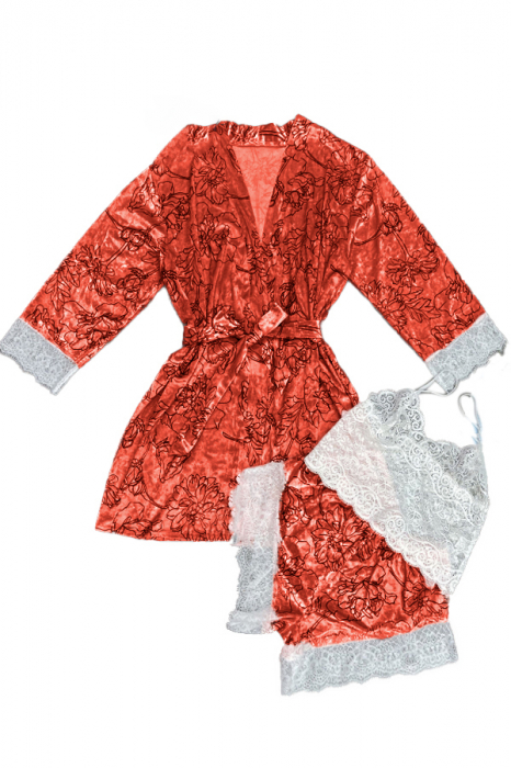 Set pijama 3 piese cu aspect catifelat si insertii dantela, halat, top si pantaloni scurti TY-SR021maro [1]