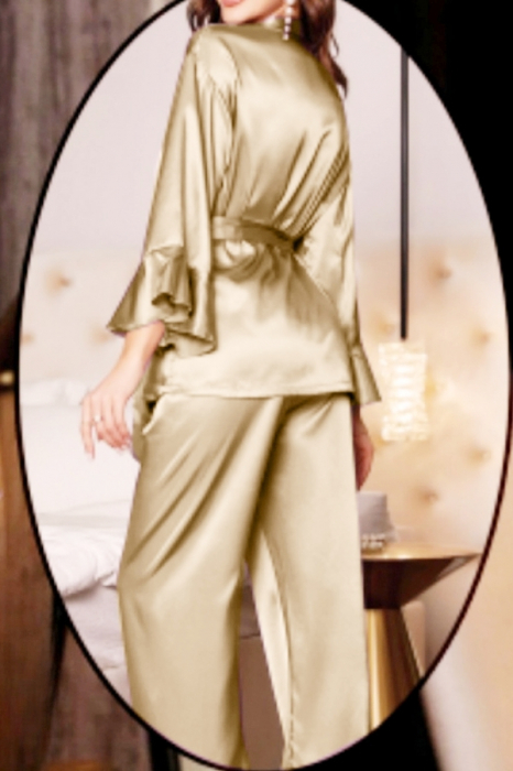 Set pijama din satin fin cu volane, halat scurt, cordon si pantaloni lungi TY-018bej [2]