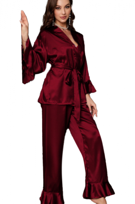 Set pijama din satin fin cu volane, halat scurt, cordon si pantaloni lungi TY-018visiniu [1]