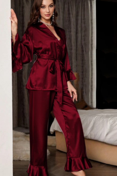 Set pijama din satin fin cu volane, halat scurt, cordon si pantaloni lungi TY-018visiniu [3]