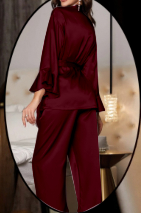 Set pijama din satin fin cu volane, halat scurt, cordon si pantaloni lungi TY-018visiniu [2]