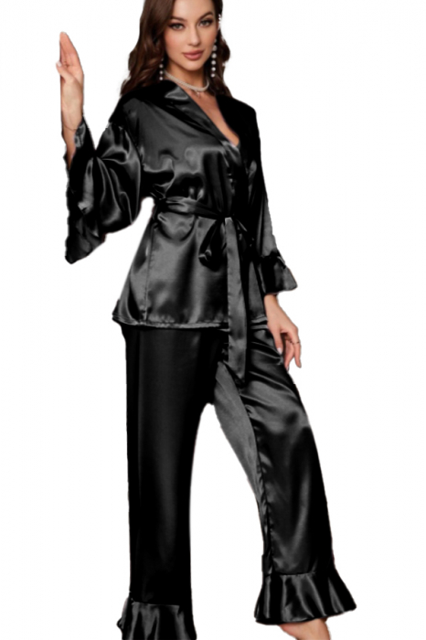 Set pijama din satin fin cu volane, halat scurt, cordon si pantaloni lungi TY-018negru [1]