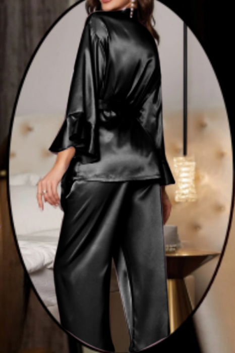 Set pijama din satin fin cu volane, halat scurt, cordon si pantaloni lungi TY-018negru [2]
