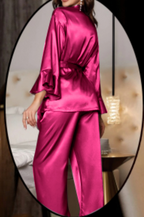 Set pijama din satin fin cu volane, halat scurt, cordon si pantaloni lungi TY-018fucsia [2]