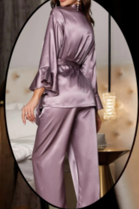 Set pijama din satin fin cu volane, halat scurt, cordon si pantaloni lungi TY-018mov [2]