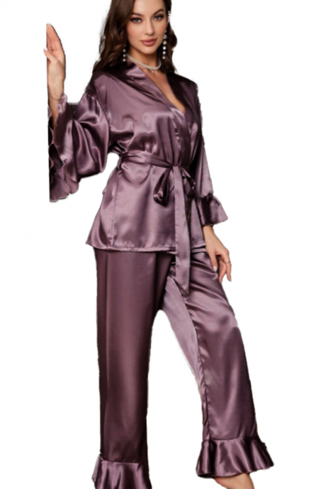 Set pijama din satin fin cu volane, halat scurt, cordon si pantaloni lungi TY-018mov [1]