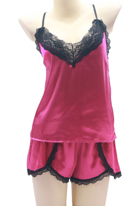 Set pijama doua piese cu insertii dantela, maiou si pantaloni scurti S-372roz inchis [1]