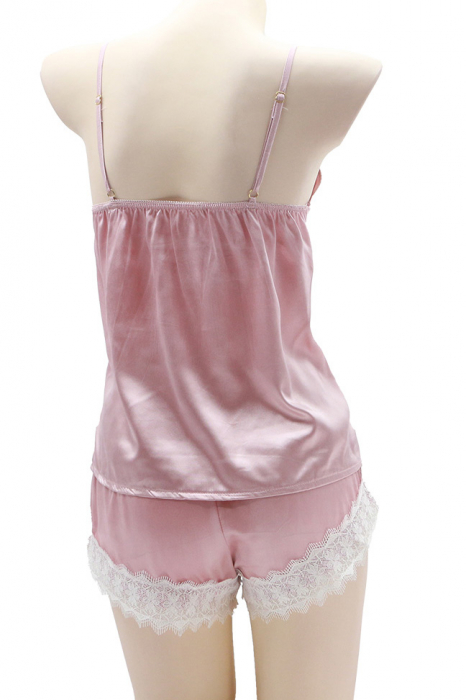 Set pijama doua piese cu insertii dantela, maiou si pantaloni scurti S-751roz deschis [2]