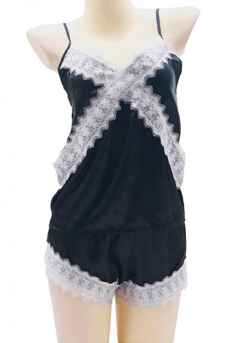 Set pijama doua piese cu insertii dantela, maiou si pantaloni scurti S-751negru [2]