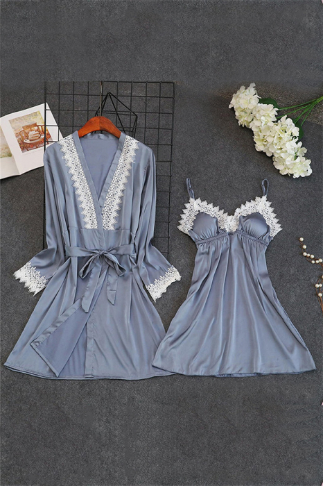 Set pijama doua piese, halat si camasa de noapte WSY-3015gri [2]
