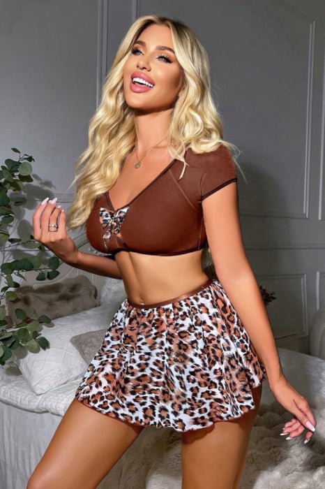 Set pijama sexy print Leopard, top cu funda si fustita scurta DLS-5187 [5]