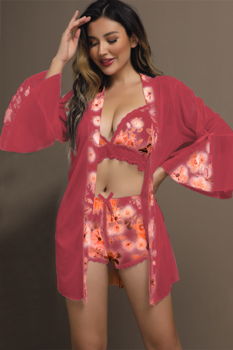 Set pijama sexy cu dantela si aspect satin, halat, top si pantaloni scurti TY-669visiniu [2]