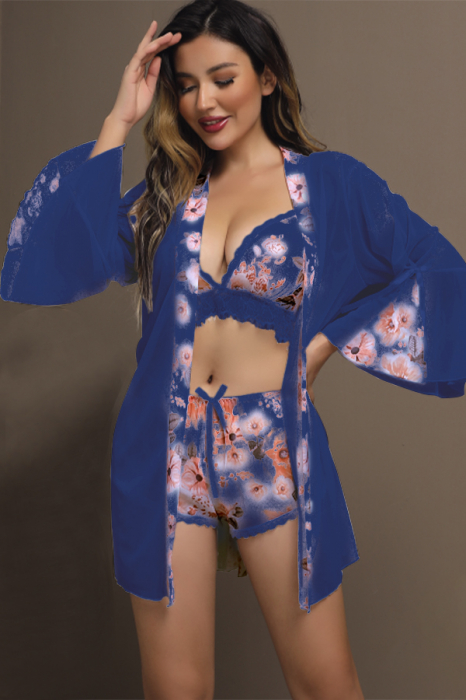Set pijama sexy cu dantela si aspect satin, halat, top si pantaloni scurti TY-669bleumarin [2]