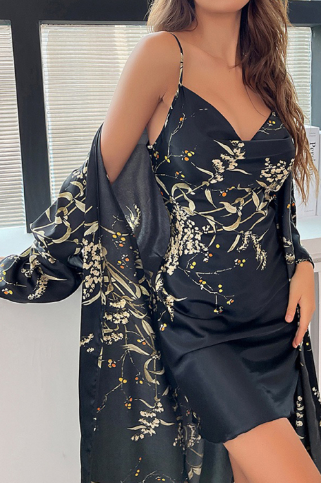 Set pijama din satin 2 piese, halat cu cordon si camasa de noapte SUSU-008negru [3]