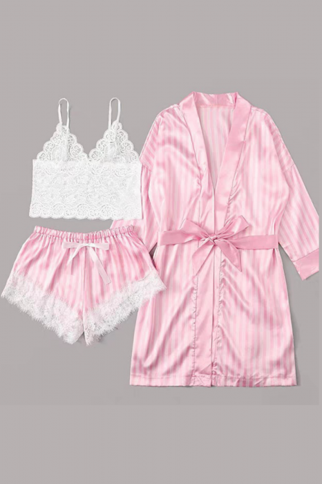 Set pijama sexy satin si dantela 3 piese, bustiera, halat si pantaloni scurti SUSU-013 [8]