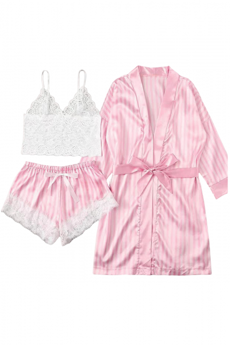 Set pijama sexy satin si dantela 3 piese, bustiera, halat si pantaloni scurti SUSU-013 [7]