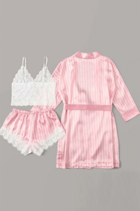 Set pijama sexy satin si dantela 3 piese, bustiera, halat si pantaloni scurti SUSU-013 [2]