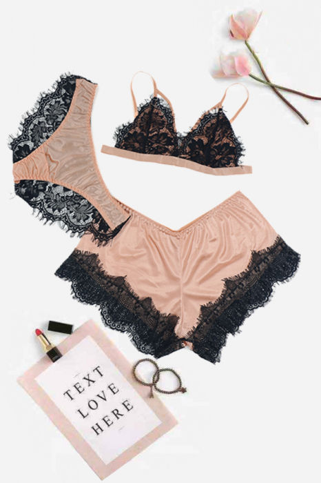 Set pijama sexy trei piese, sutien, pantaloni scurti si chiloti TY-SD01roz [2]