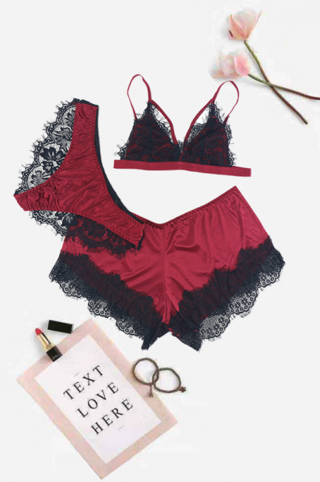 Set pijama sexy trei piese, sutien, pantaloni scurti si chiloti TY-SD01visiniu [2]