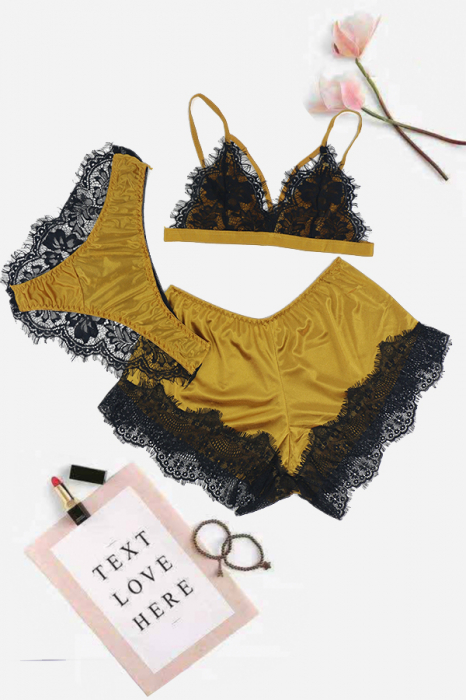 Set pijama sexy trei piese, sutien, pantaloni scurti si chiloti TY-SD01galben [2]