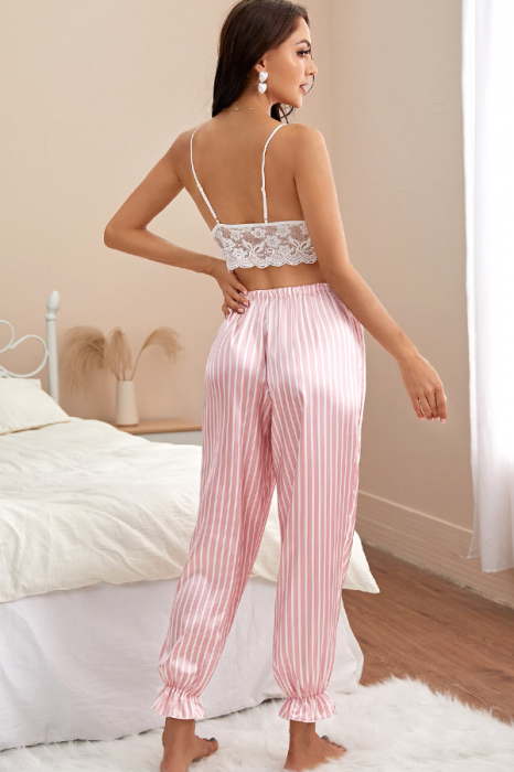 Set pijama sexy doua piese, maiou tip bustiera si pantaloni lungi DLS-CC058roz [2]