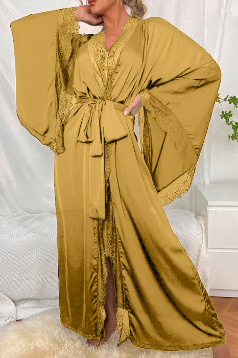 Set pijama sexy, halat din satin fin cu insertii dantela, cordon si chiloti tanga TY-015bej [2]
