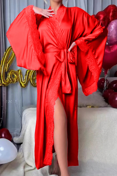 Set pijama sexy, halat din satin fin cu insertii dantela, cordon si chiloti tanga TY-015rosu [2]