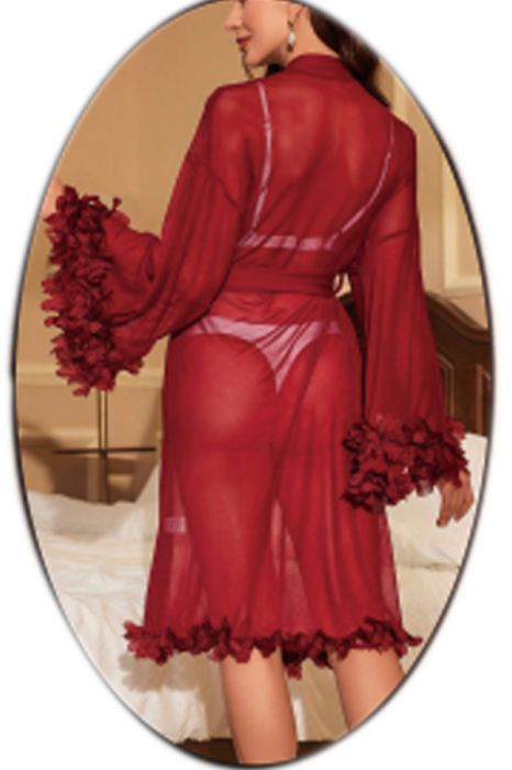 Set pijama sexy, halat semitransparent, cordon, sutien si chiloti tanga TY-680-1visiniu [2]