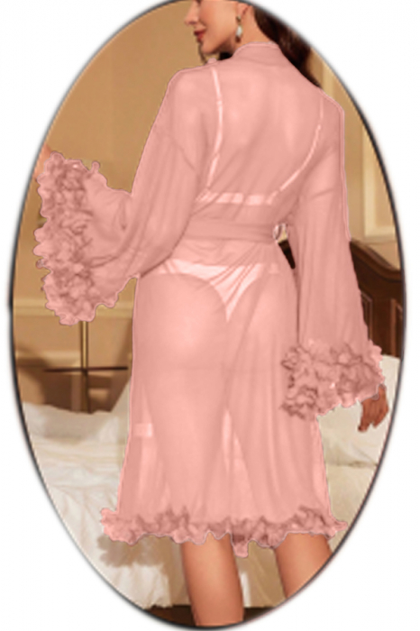 Set pijama sexy, halat semitransparent, cordon, sutien si chiloti tanga TY-680-1roz [2]
