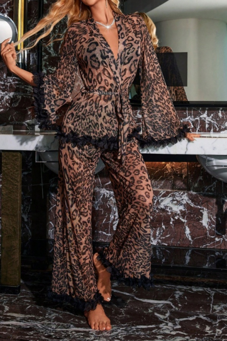 Set pijama sexy print Leopard, halat, cordon si pantaloni lungi DLS-3567 [6]